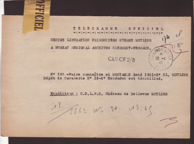 Cachet linéaire CLE CF 2/8 sur un télégramme officiel de 1945 Tzolzo11