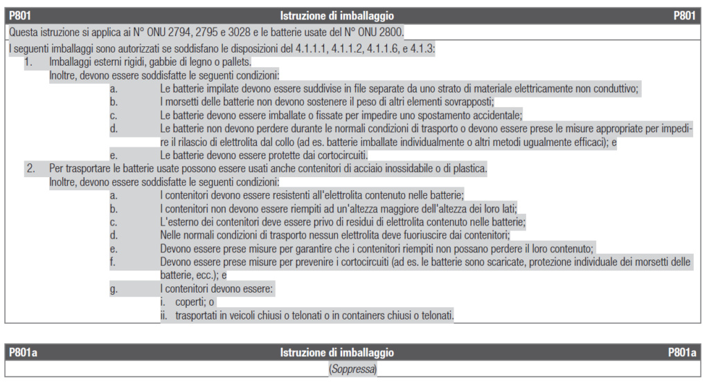 NUOVA ISTRUZIONE DI IMBALLAGGIO BATTERIE USATE (ONU 2800??) P801_210
