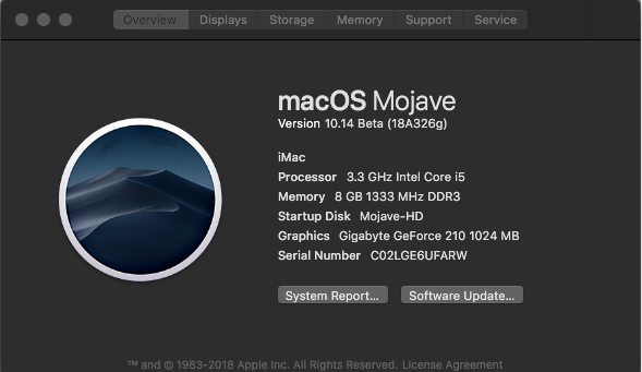 Install macOS Mojave 10.14 Utilisant Graphics GeForce 210 1Gig Screen24