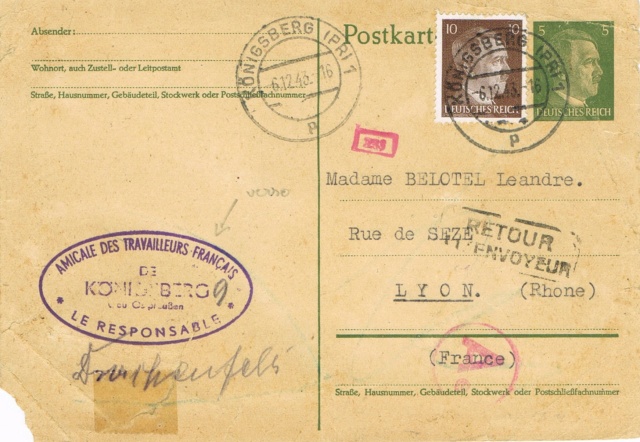 Entier postal allemand expédié par l'Amicale des Travailleurs Français de Königsberg en 1943 Ccf02017