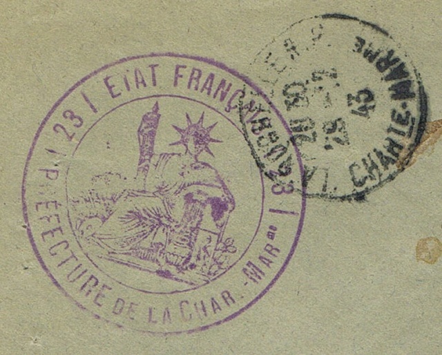 Cachet administratif " ETAT FRANCAIS /22/ PREFECTURE DE CHARENTE INFERIEURE" (1942) Ccf03011