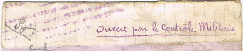 Bande de fermeture sur papier de cahier d’écolier avec inscription à la plume « OUVERT PAR LE CONTROLE MILITAIRE » en janvier 1940. Ccf05111