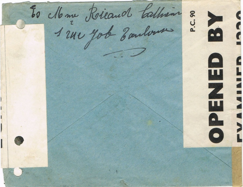 LETTRE DU 12. 9.42 TOULOUSE GARE pour c/o PO BOX 244 LONDRES E. C. 1 AVEC DOUBLE CENSURE : OBE 1229 et OBE F.F.L. Ccf08011