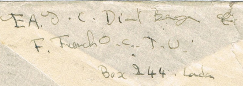 Lettre de KIDDERMINSTER (Worcestershire / Angleterre) du 26.12.42 pour HOLLYWOOD Californie, verso adresse BOX 244 LONDON : « F French O. C. T. U . » . Ccf08018
