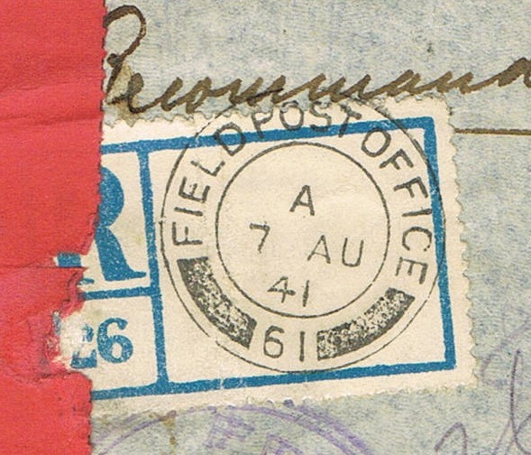 Lettre recommandée par avion d’un  F.F.L. oblitération " FIELDPOST OFFICE 61 »  du 7 août 1941 pour BRAZZAVILLE Ccf24015