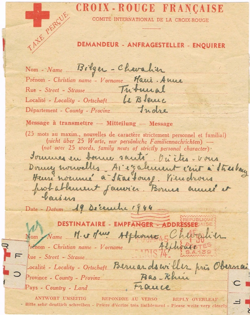 Message Croix-Rouge de France vers l’Alsace libérée en 1945. Ccf25013