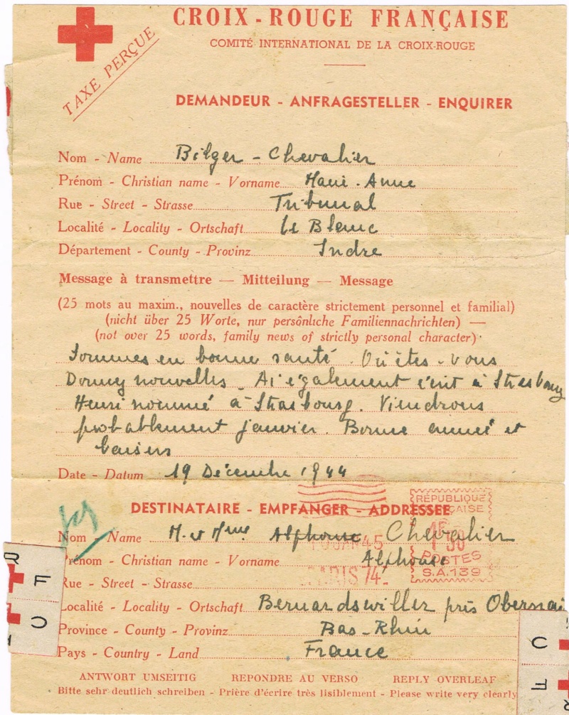 Message Croix-Rouge de France vers l’Alsace libérée  en 1945. Ccf25013