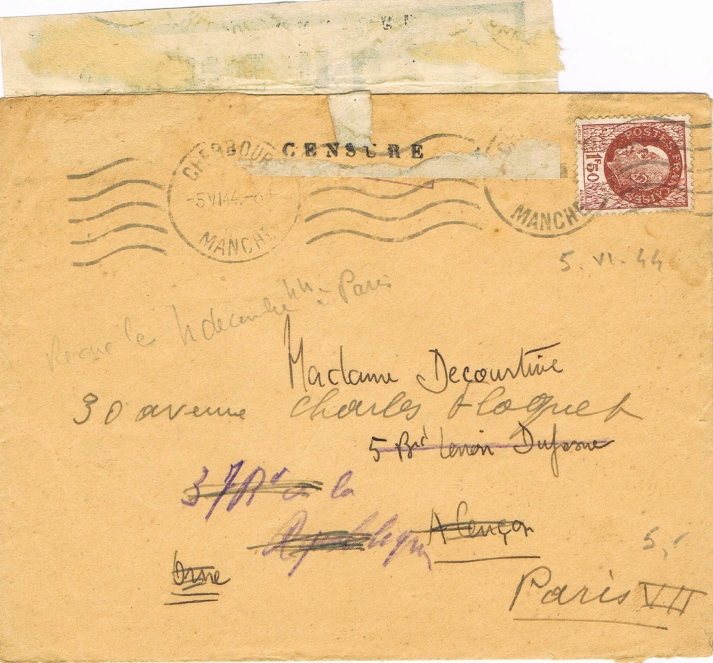 Censure provisoire  « 012 »  et « 003 »  sur lettre de Cherbourg du 5.6.44 pour Alençon,  redirigée à Paris Cci04111