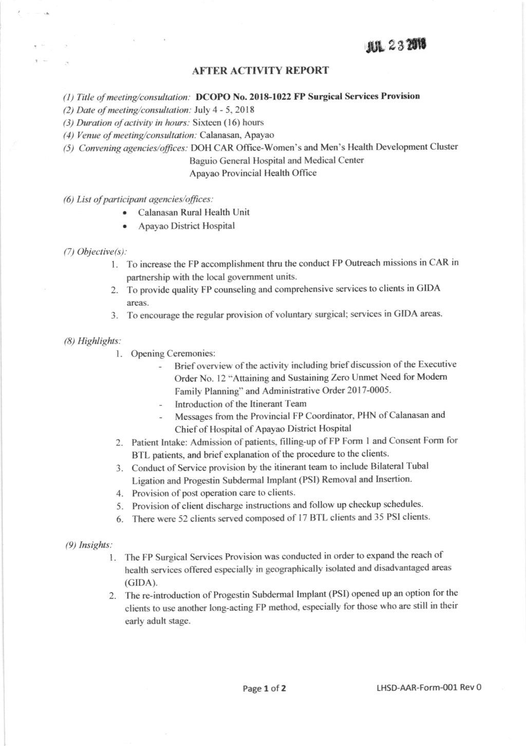 DCOPO 2018-1022: Authority to provide technical assistance for the conduct of FP Surgical Services provision on July 4-5, 2018 in Calanasan, Apayao 102210