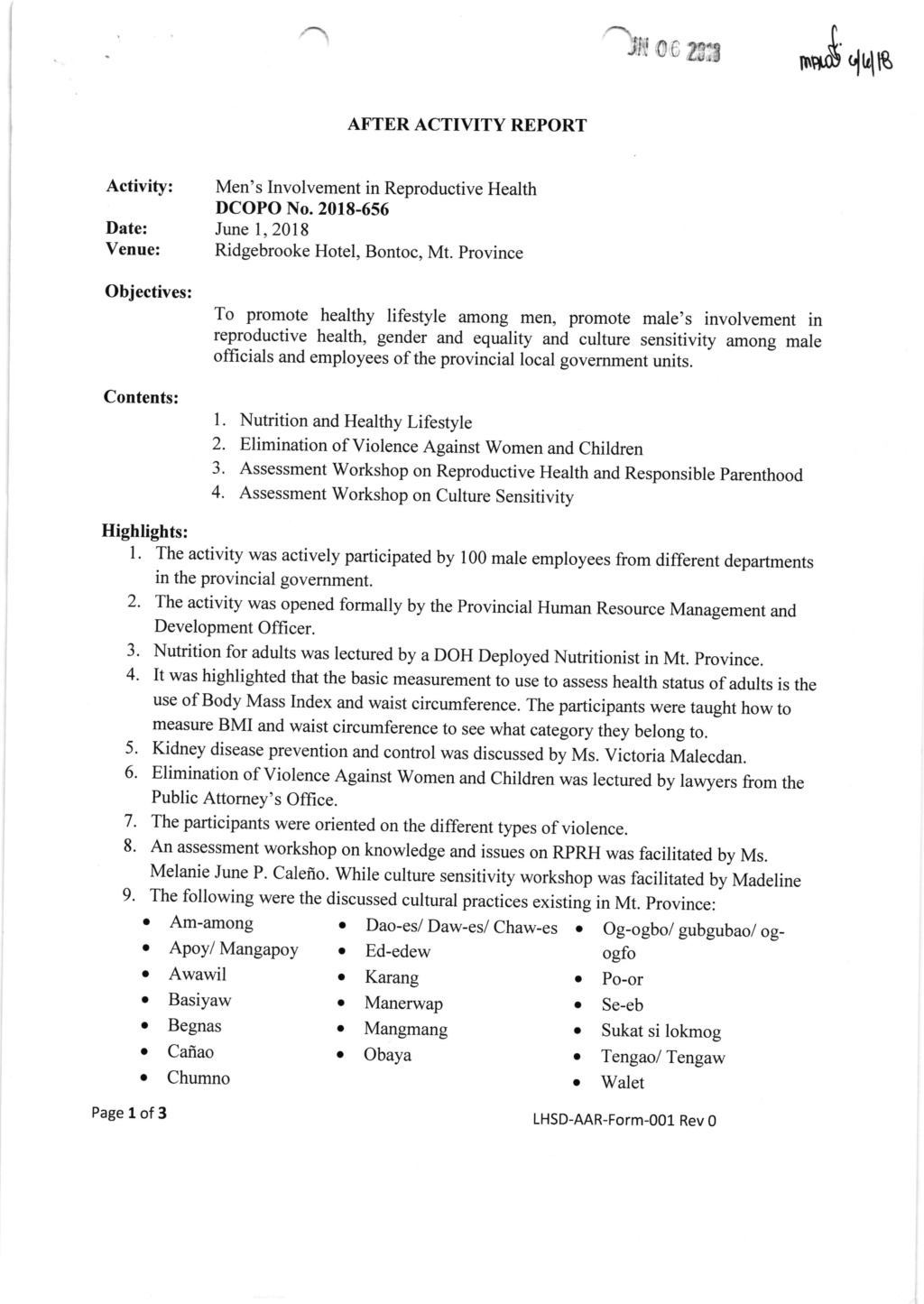 2018 - DCOPO 2018-0656: Authority for some DOH-CAR staff to conduct men's involvement in Reproductive Health Activity on May 23, 2018 in Bontoc, Mountain Province and to conduct Health Program Monitoring on May 24-25, 2018 in Mt. Province. 65610