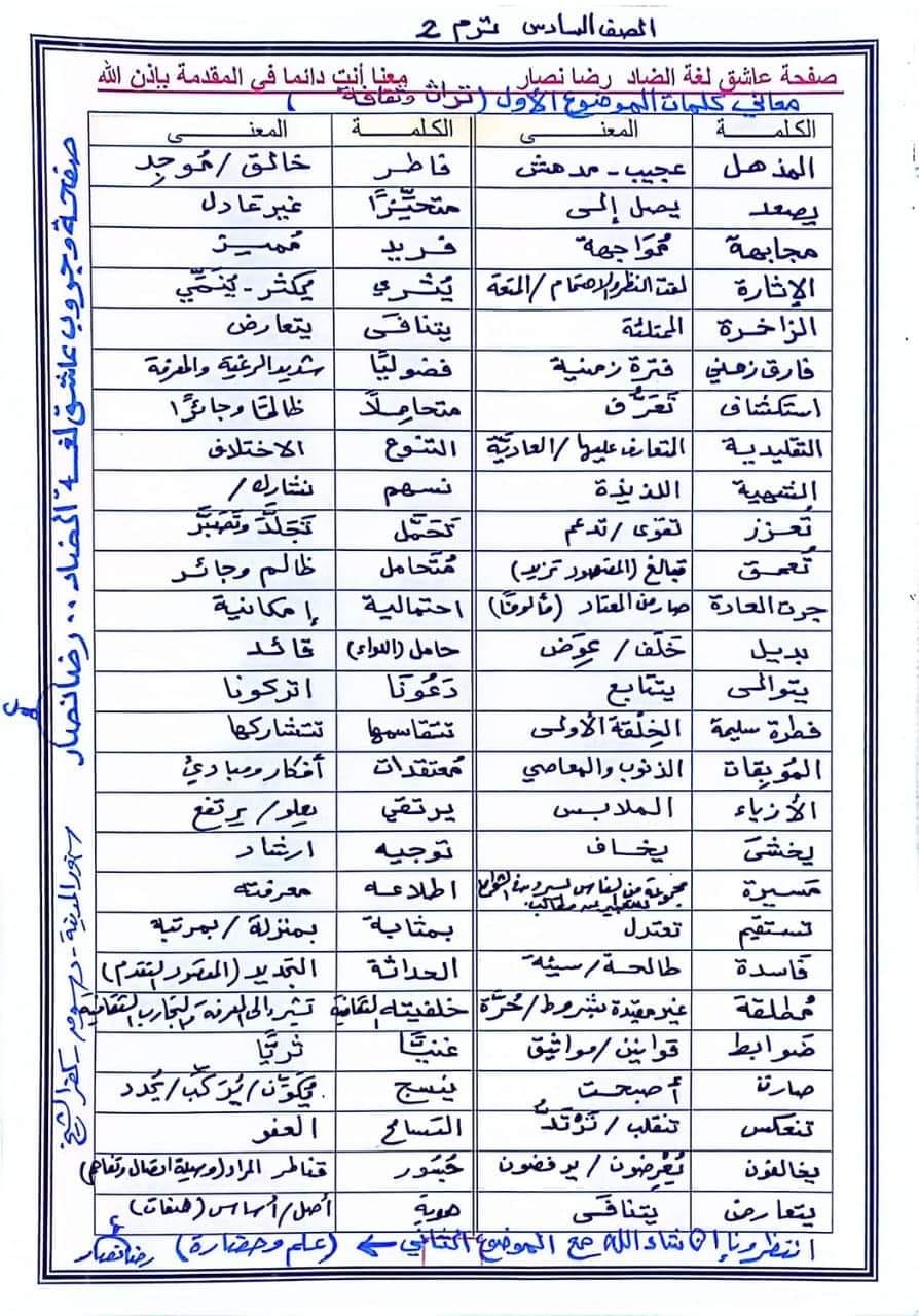 مفردات الموضوع الأول لغة عربية الصف السادس الترم الثاني 2024 11483