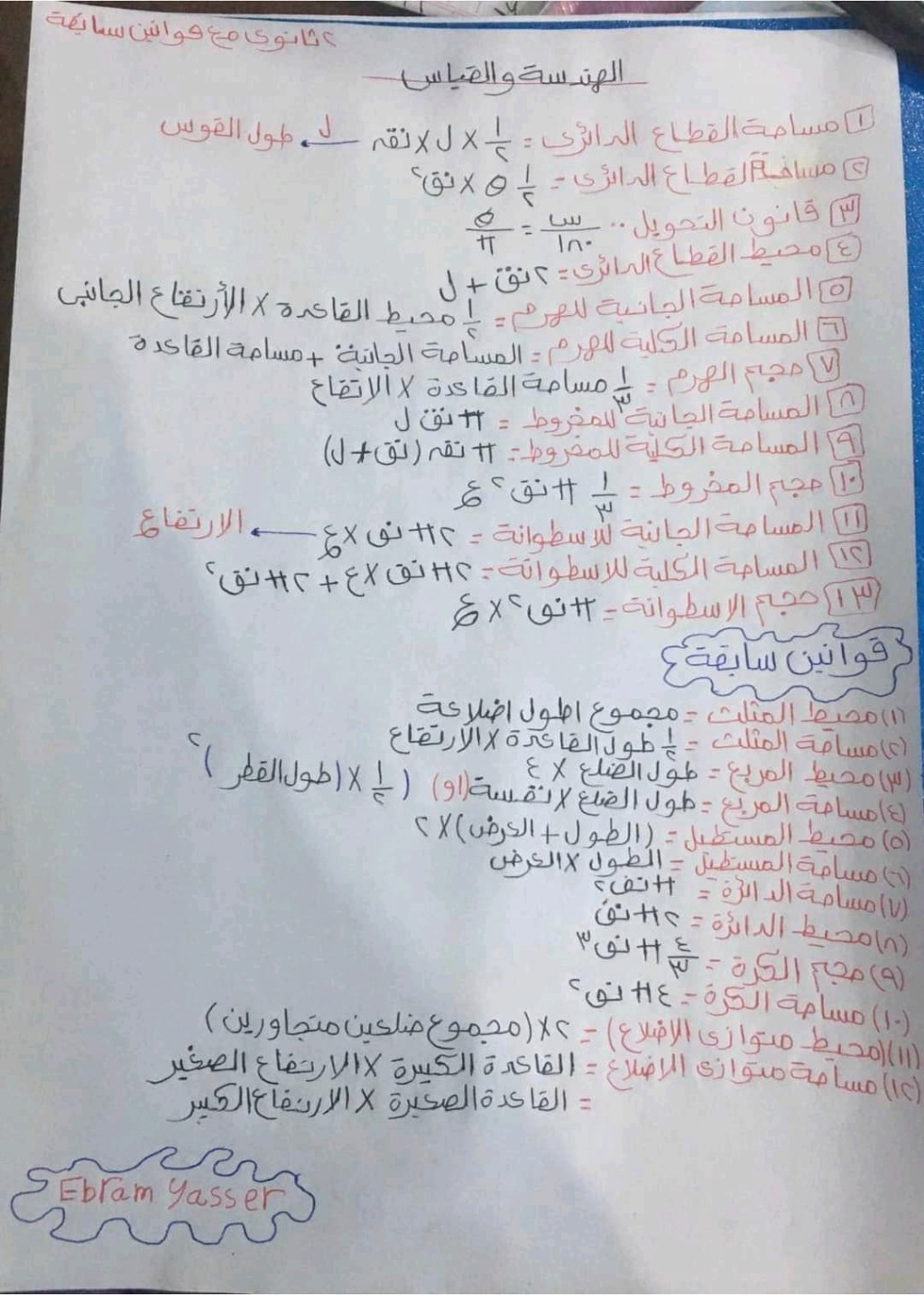 ملخص قوانين الهندسه 2 ثانوي في ورقة واحدة