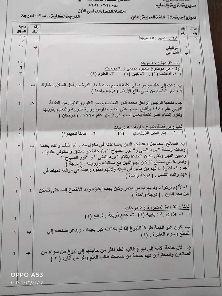  امتحان اللغة العربية للصف الثالث الاعدادي ترم اول 2022 محافظة الغربية 1687