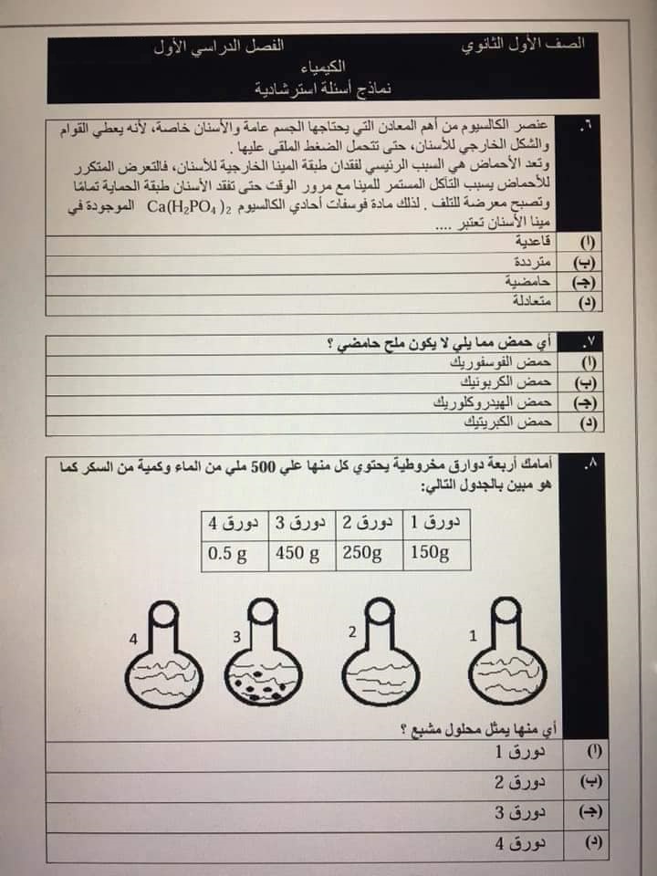 نموذج استرشادي كيمياء للصف الاول الثانوي الترم الاول 2136