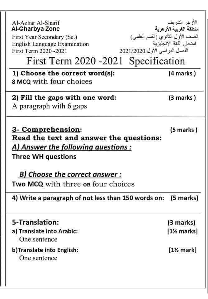 مواصفات امتحان اللغة الانجليزية لاولي ثانوي ازهر 2021 2211