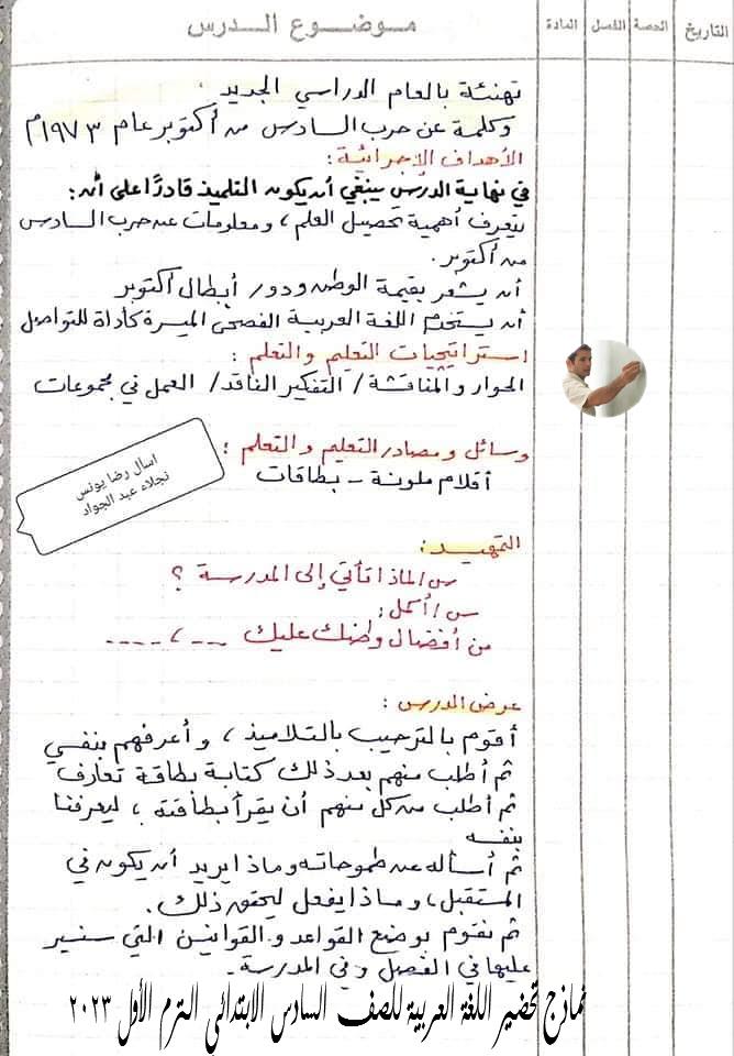 نماذج تحضير اللغة العربية للصف السادس الابتدائي الترم الأول 2024 2459