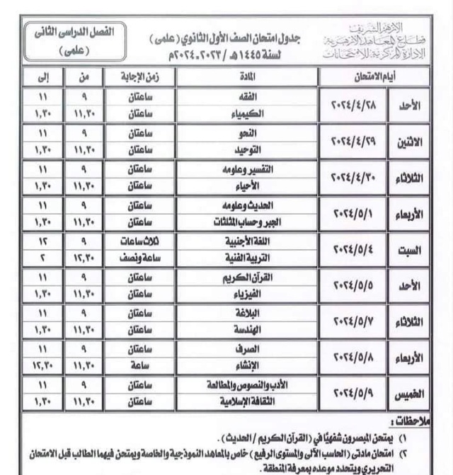 جدول امتحانات الصف الأول والثاني الثانوي الأزهري الترم الثاني 2024 2962