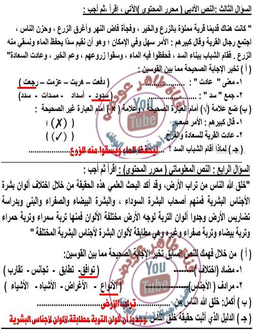 نموذج الوزارة امتحان لغة عربية للصف الرابع الابتدائي 2023 مع نسخة مُجاب عنها 2_img_12