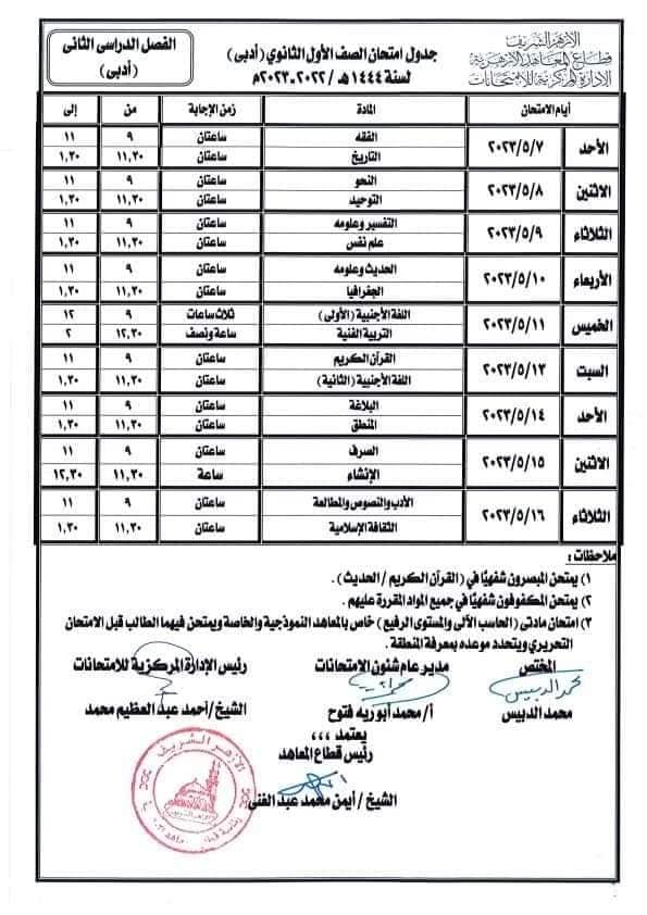 جدول امتحانات النقل الثانوى الازهري بقسميه الادبى والعلمى الفصل الدراسي الثاني  33513510