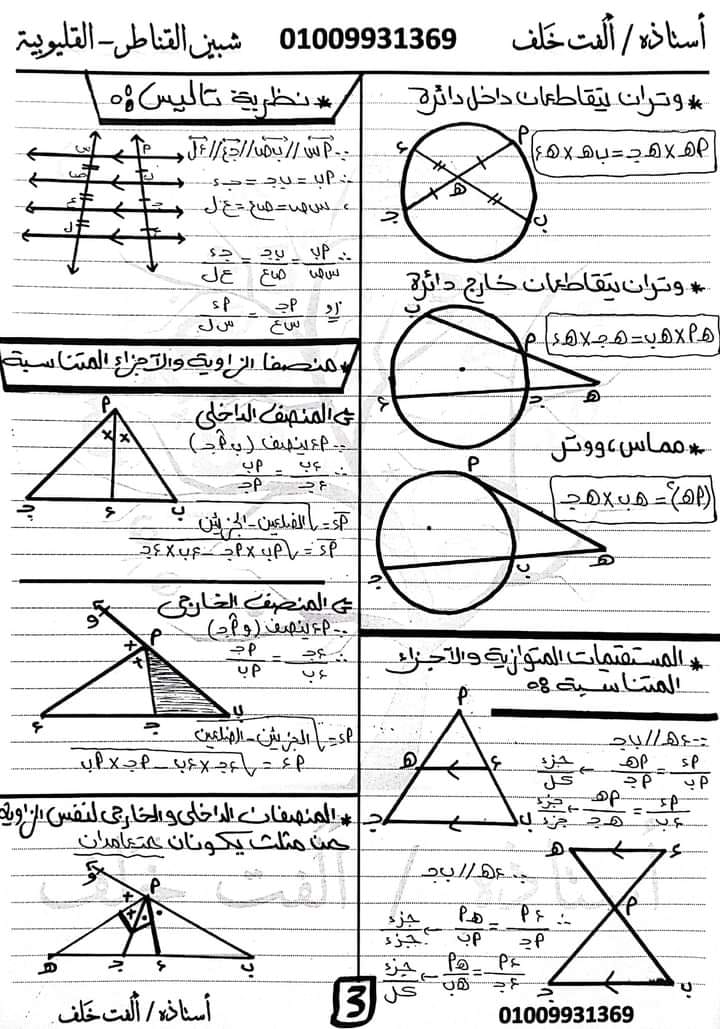 ملخص قوانين الهندسه وحساب المثلثات والجبر الصف الأول الثانوى  ترم اول 3393