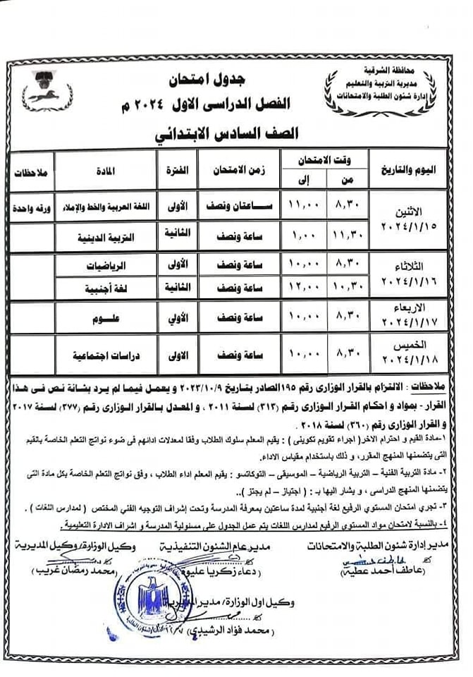 جدول امتحانات الصف الرابع والخامس والسادس ترم اول 2024 محافظة الشرقية  3587