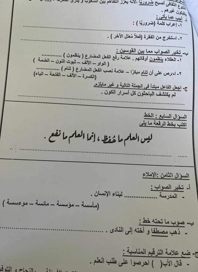 امتحان اللغة العربية للصف السادس الابتدائى ترم ثانى 2024 بورسعيد 3729