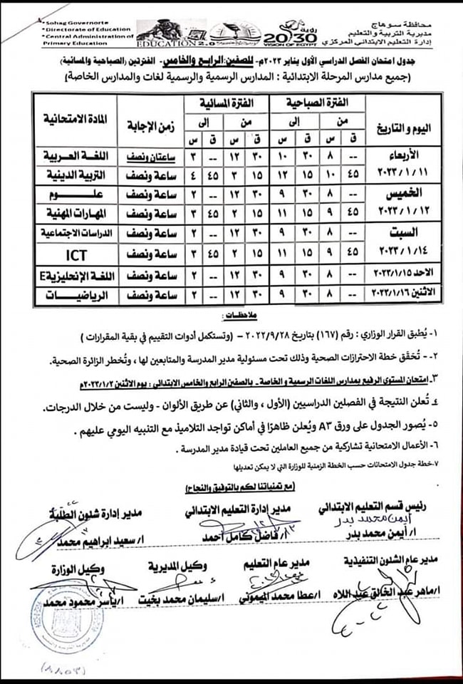جداول امتحانات نصف العام 2023 للمرحلة الابتدائية محافظة سوهاج 5240