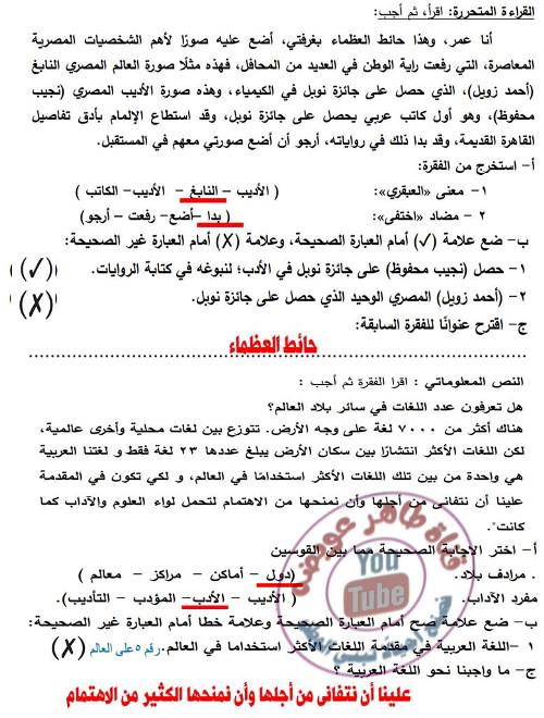 نموذج الوزارة امتحان لغة عربية للصف الرابع الابتدائي 2023 مع نسخة مُجاب عنها 6_img_11