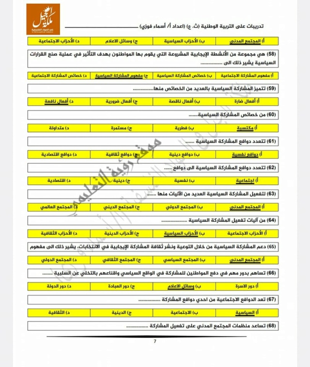 وطنية - مراجعة نهائية تربية وطنية للصف الثالث الثانوي بالإجابات أ. أسماء فوزي 7344