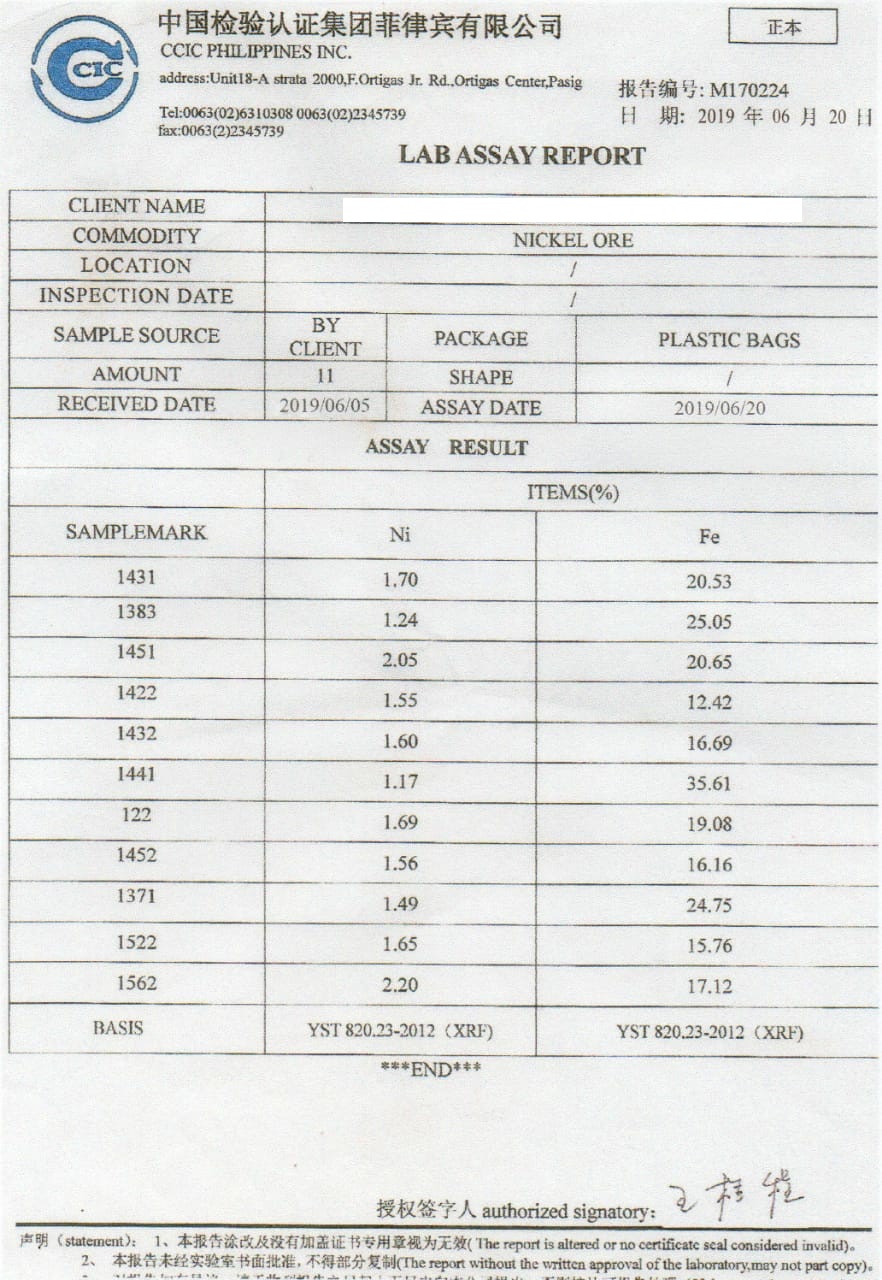 Offer Nickel Ore 1.5% from Philippines Ccic_a10