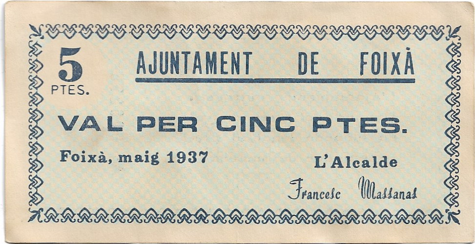 5 Pesetas Ajuntament de Foixa 1937 14-04-14