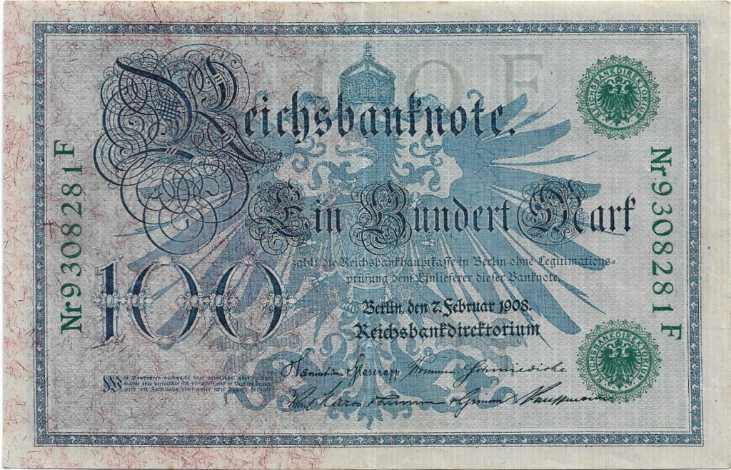 100 Mark Reichsbanknote Alemania 1908 sello verde 19-09-11