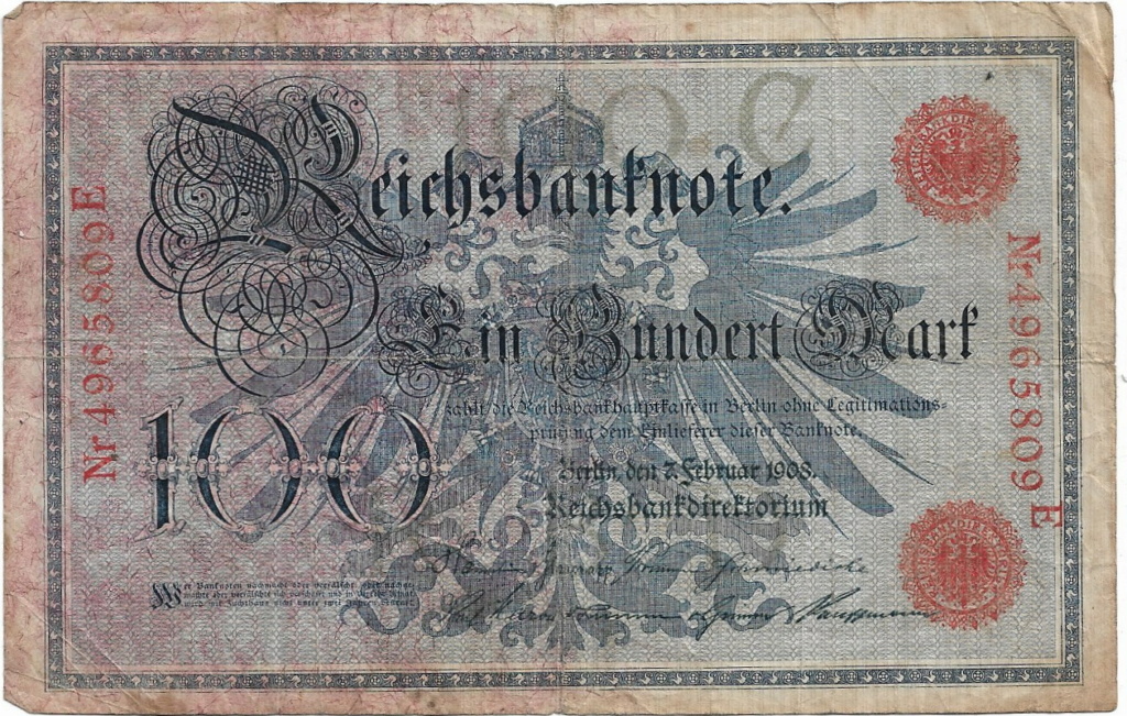 100 Mark Reichsbanknote Alemania 1908 sello verde 19-09-14