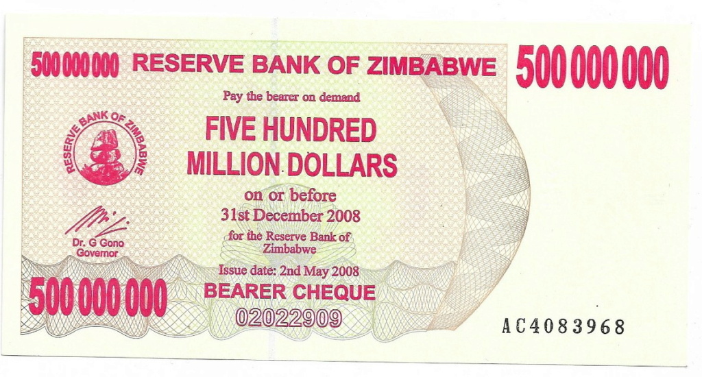 500 000 000 Dollares Bearer Cheque 2008 Zimbaue 50000010