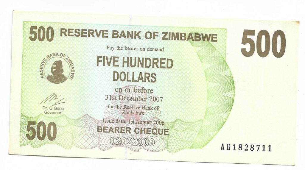 500 Dolares 2007 Zimbawe Bearer Cheque 500_do10