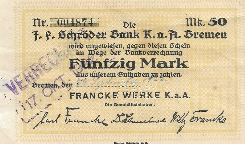 50 Marcos  1922 Bremen Francke Werke 50_mar11