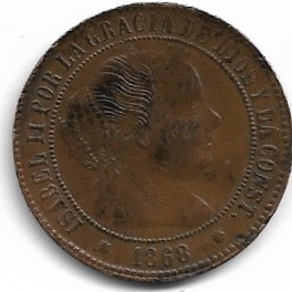 España 5 Céntimos 1868 Ceca "estrella de 8 puntas" y "OM" - Barcelona 5_cent26