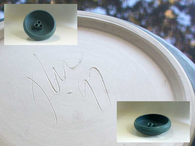 Green bowl with candleholders in it - handwritten signature Bowl-c10