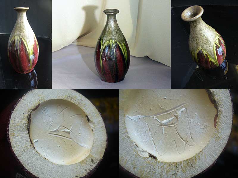 Red (oxblood (?)) vase with drips - incised markings (signature(?))  Redvas10