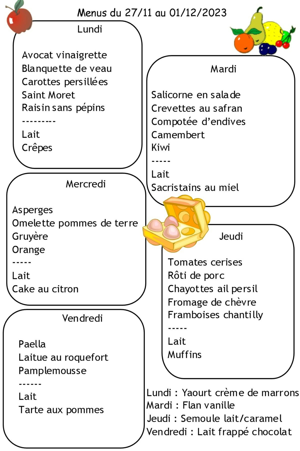 Menus du 27 novembre au 1er décembre 2023 27au3110