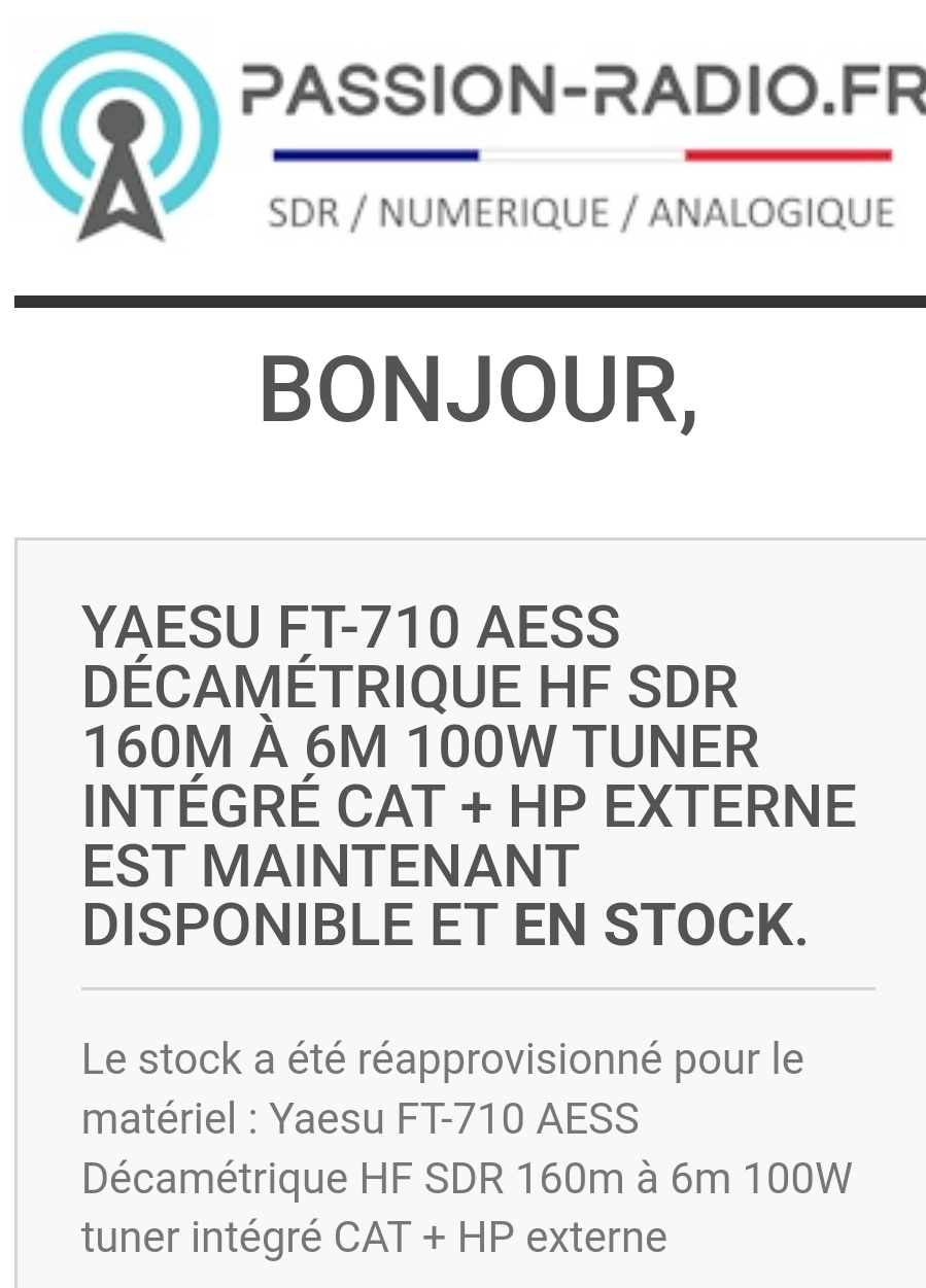 Alerte matériel: Promo YAESU FT-710 de retour en stock chez Passion Radio Scree609