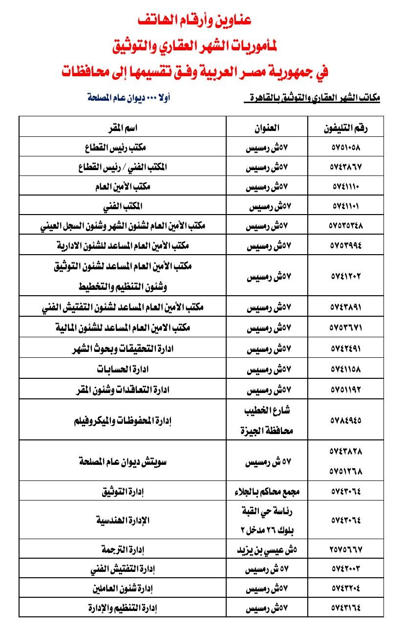 عناوين وأرقام الهاتف لمأموريات الشهر العقاري والتوثيق Ououus10