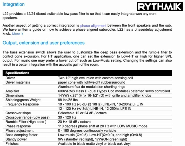 Rythmik L22 Dual 12" Driver HT/music Direct Servo subwoofer 413