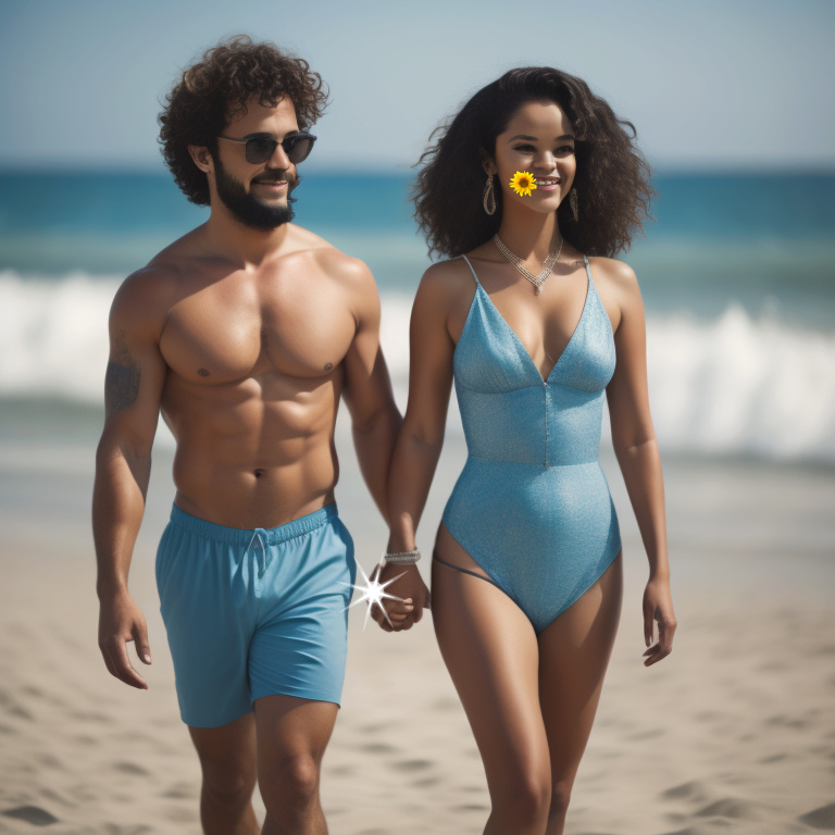 Feminine and pretty mixed-race girls walking on beach with boyfriend B7609f10