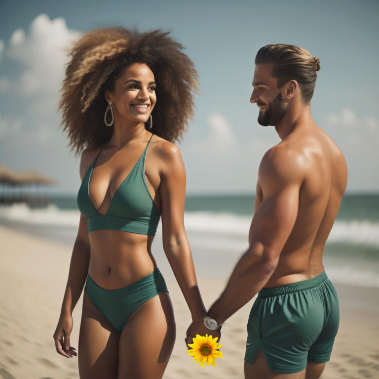 Feminine and pretty mixed-race girls walking on beach with boyfriend D205da10