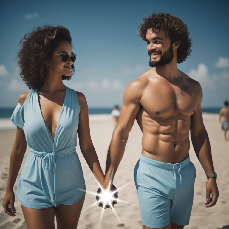 Feminine and pretty mixed-race girls walking on beach with boyfriend Dad71910