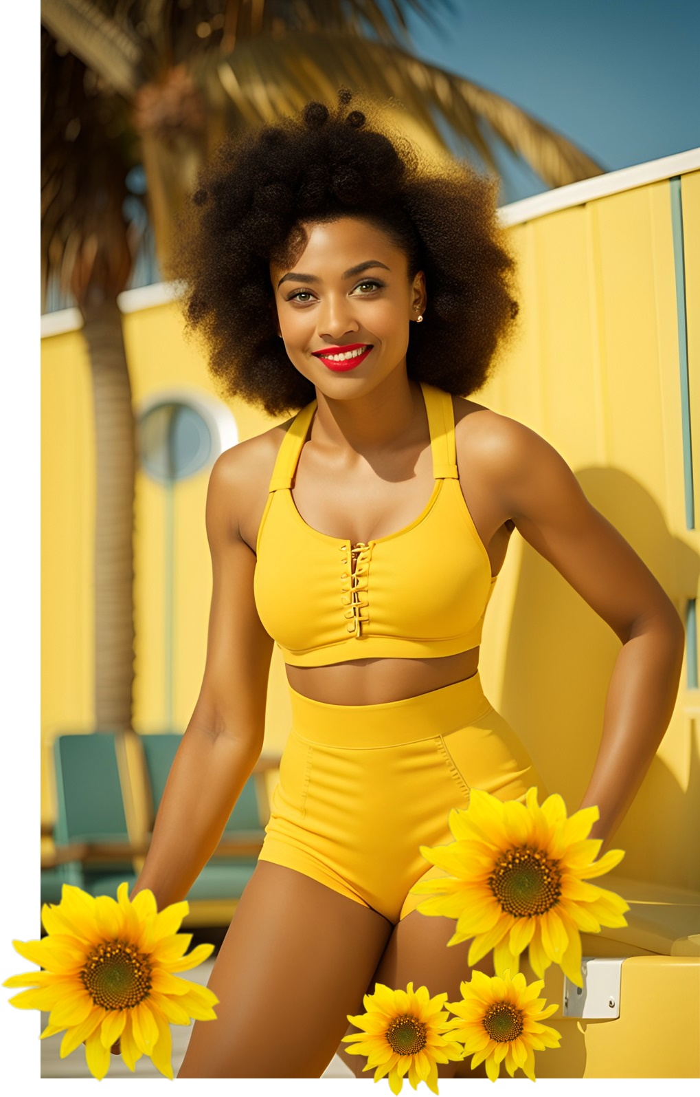 Mixed-race models pose in yellow sports outfit Dream140
