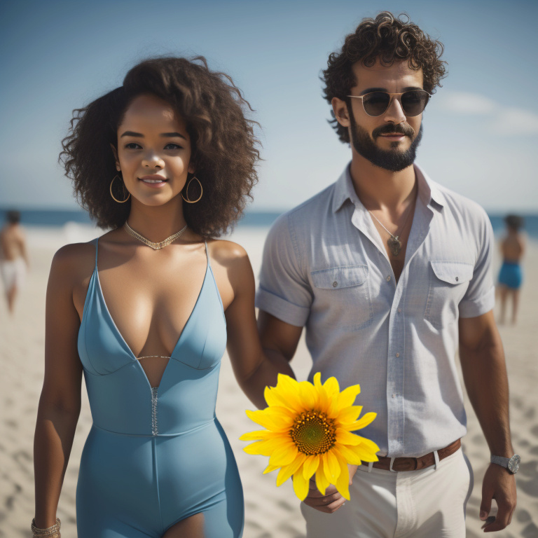 Feminine and pretty mixed-race girls walking on beach with boyfriend Eec24210