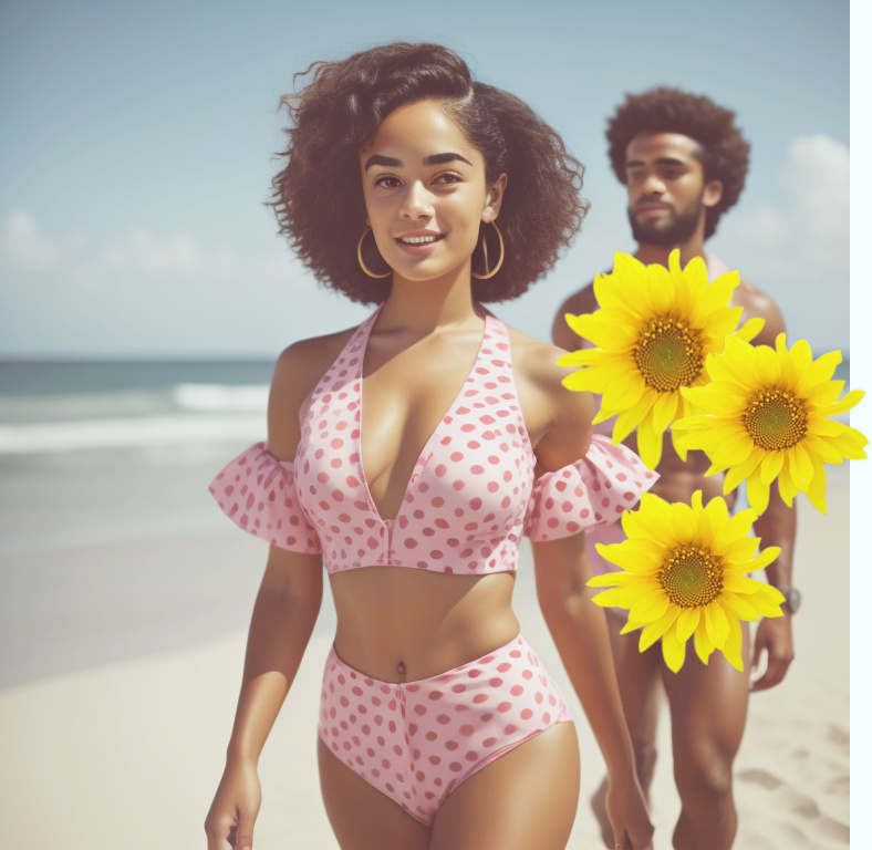 Feminine and beautiful mixed-race women in full bathing suit smiling on the beach Mix_be10