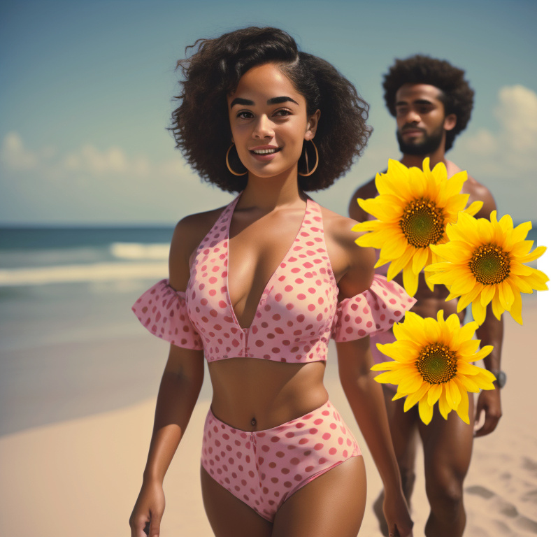 Feminine and beautiful mixed-race women in full bathing suit smiling on the beach Mix_be11